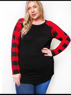 Women's Plus Long Sleeve Round Neck Plaid Raglan Top by Colorbear